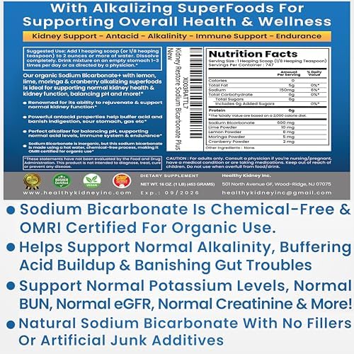 Organic Use Sodium Bicarbonate Alkaline Supplement for Alkalinity. Support Kidneys & Stomach Acid Neutralizer w/Alkaline Superfoods. Sodium Bicarbonate Powder Kidney Immune Support Antacid Sports 1LB