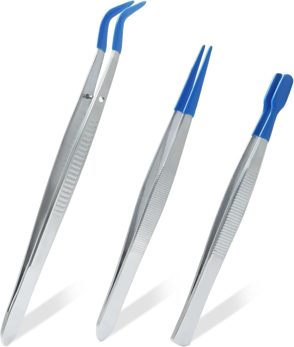 3 Pack Curved Tweezers, Silicone Rubber Bent Tip PVC Coated Soft Tip Tweezers, Non Marring Stainless Steel Tools for Jewelry Crafts/Electronics