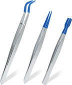 3 Pack Curved Tweezers, Silicone Rubber Bent Tip PVC Coated Soft Tip Tweezers, Non Marring Stainless Steel Tools for Jewelry Crafts/Electronics