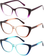 FEISEDY 3 Pack Reading Glasses Women/Men - High-End Cat Eye Design, Anti-Bluelight Trendy Glasses B0374