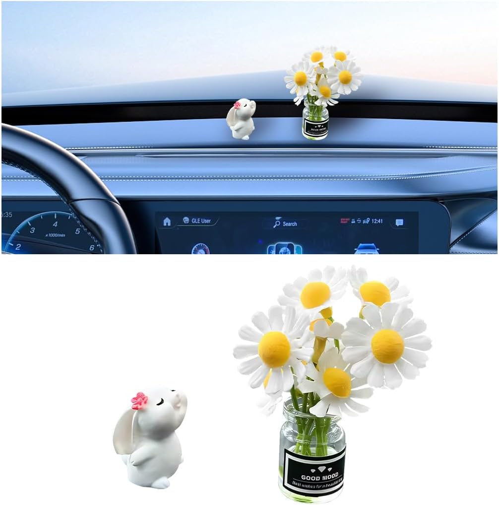 Set of 2 Mini Bunny Daisy Car Rearview Mirror Ornaments, Cute Funny Blossom Flower Vase Vehicle Dashboard Decorations, Rabbit Kawaii Auto Interior Dash Accessories, Universal Fit (White)
