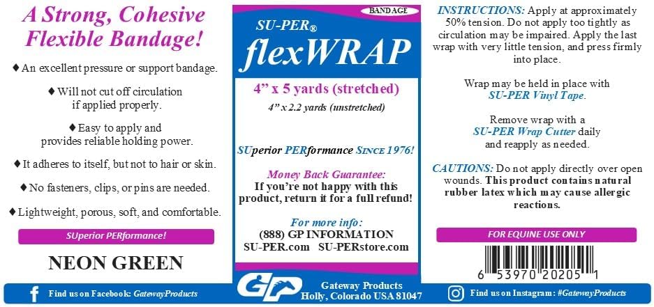 SU-PER flexWRAP 12 Rolls Self Adhesive Bandages - Strong, Cohesive, Flexible, First Aid Bandages - for Wound Dressings & Horse Leg Wraps - 4" x 5 Yards, Neon Green