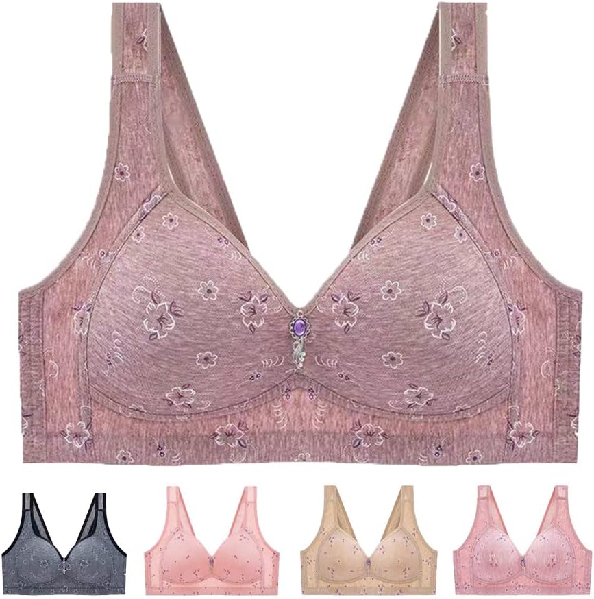 Geemor Soft&Comfortable Bra,Middle-Aged Elder Woman Floral Cotton Wireless Thin Push Up Elastic Mom Breathable Underwear