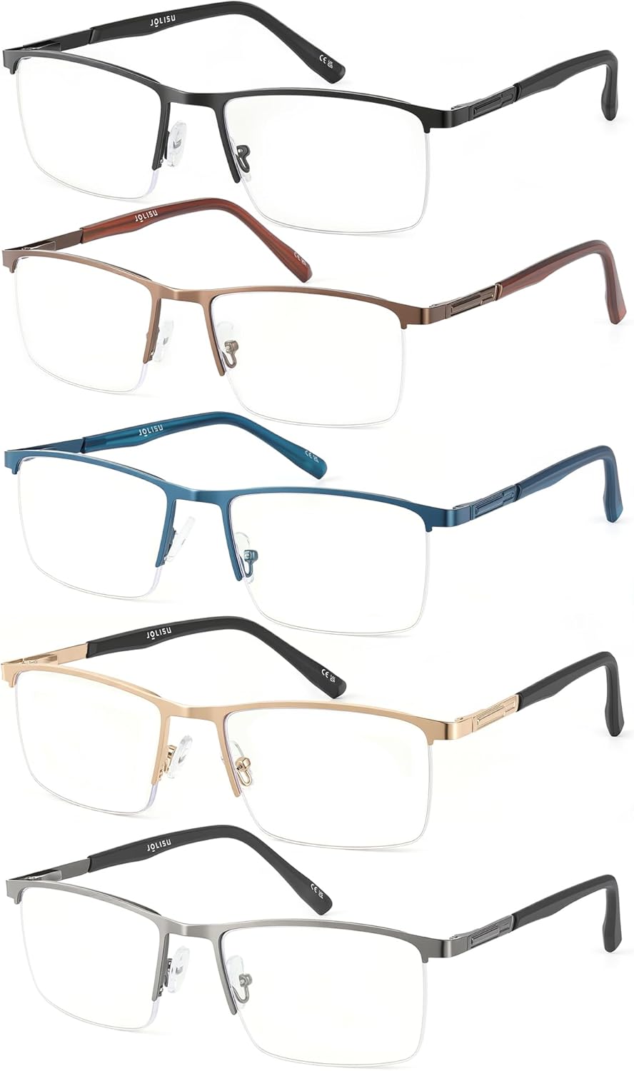 JOLISU 5 Pack Reading Glasses for Men, Blue Light Blocking Computer Metal Readers, Lightweight Half Frame with Spring Hinge