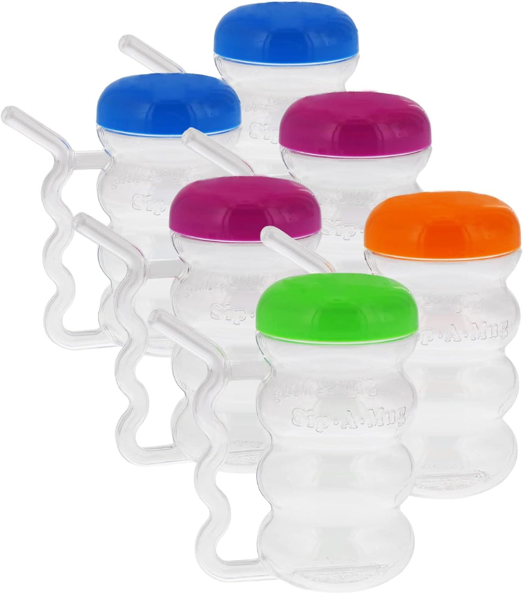 Arrow Home Products Sip-A-Mug, 14oz, 6pk - Easy to Grip Plastic Kid's Cup Where the Handle is the Straw - BPA-free with Screw-On Caps Great for Everyday Use, Made in the USA - Clear with Color Lids