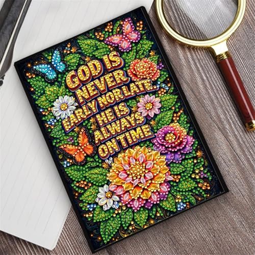LAKEQUILL DIY Flower Diamond Art Painting Journals Notebooks 50 Pages A5 No Lines Special Shaped Diamond Art Kits for Beginners Craft Lovers and Artists (God) (god is never early nor late)