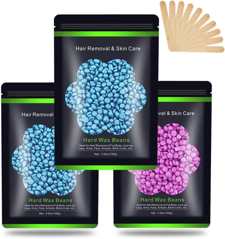 Wax Beads for Hair Removal 10.5oz (300g), Auperwel Hard Wax Beads Beans for Sensitive Skin Brazilian Waxing, Face, Bikini, Eyebrow, Legs, Painless for Women Men, 3 packs Kit with 10 Sticks