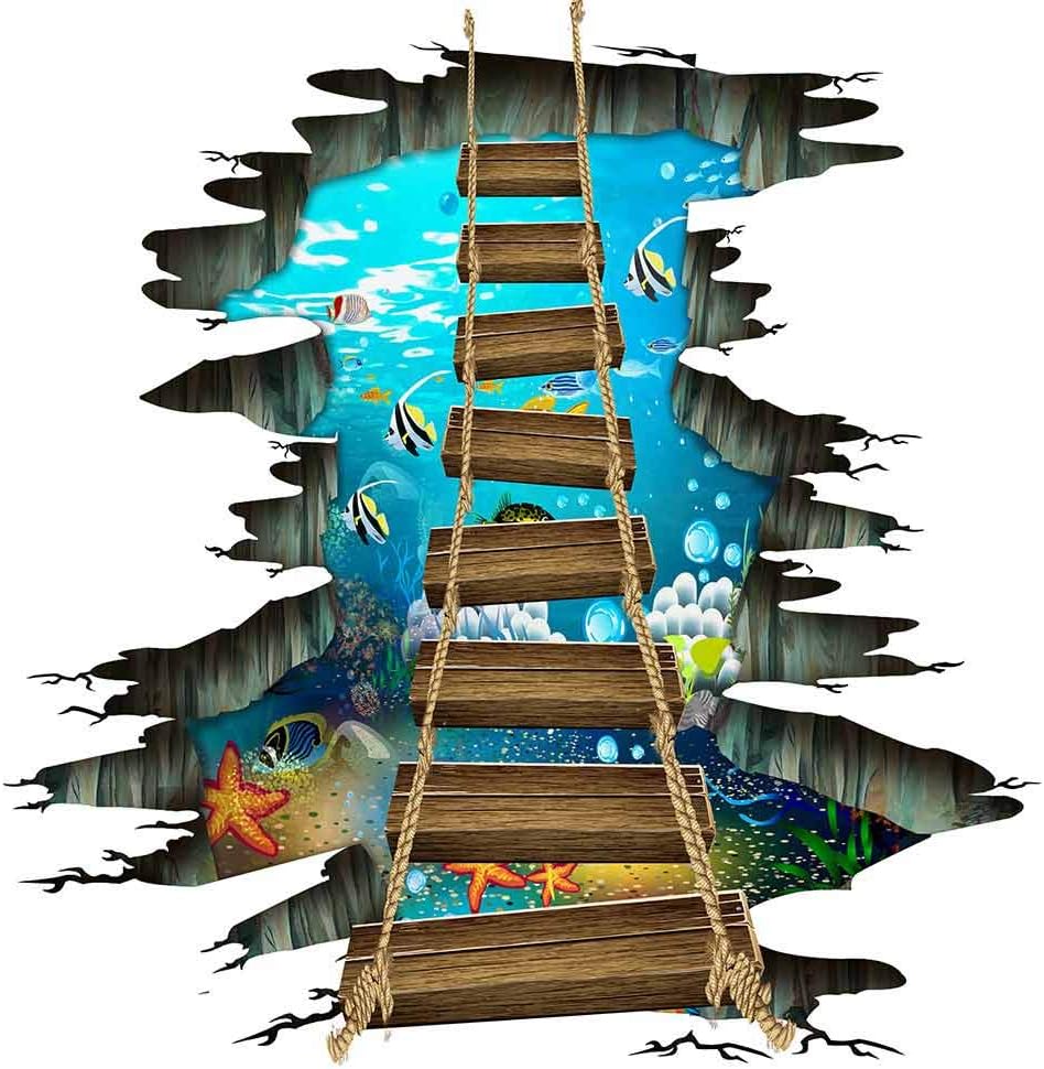 Quanhaigou 3D Floor Stickers,Sea World Fish Ocean Wooden Bridge PVC Art Wall Decal for Bathroom Living Room Nursery Bedroom Removable Decor