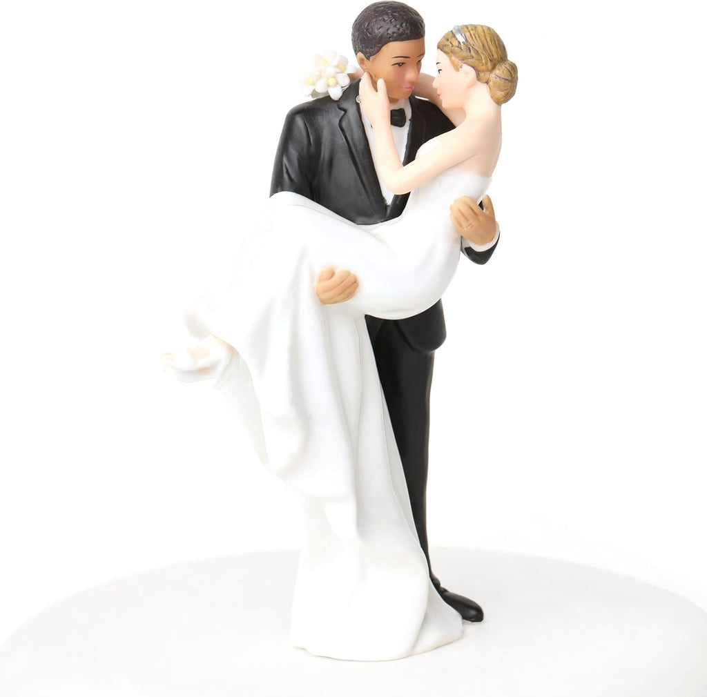 Wedding Collectibles Interracial Wedding Cake Toppers Bride and Groom | African American Groom Holding Caucasian Bride | Unique Interracial Cake Topper Figurine | Fine Porcelain | 6 Inches