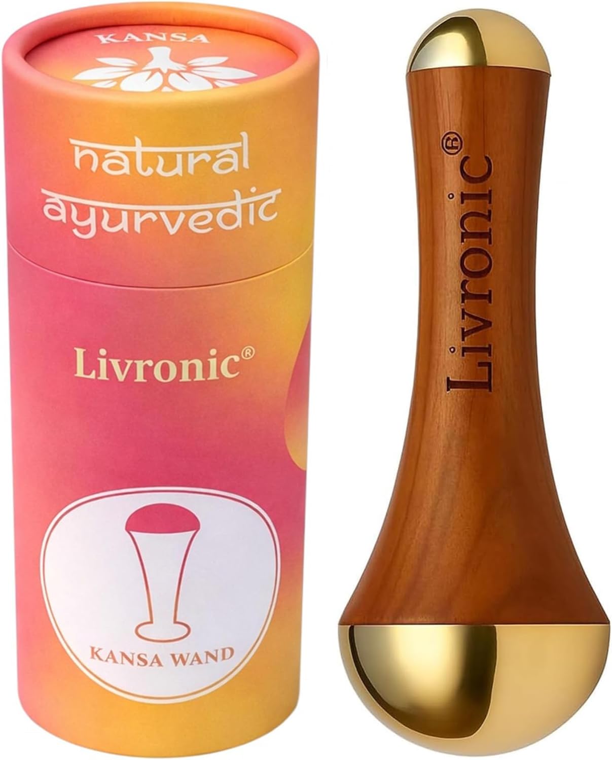 Face Acupoint Kansa Wand Massager with Teak Wood Handle for Detoxification and Deep Relaxation Natural Kansa 2 in 1 Bronze