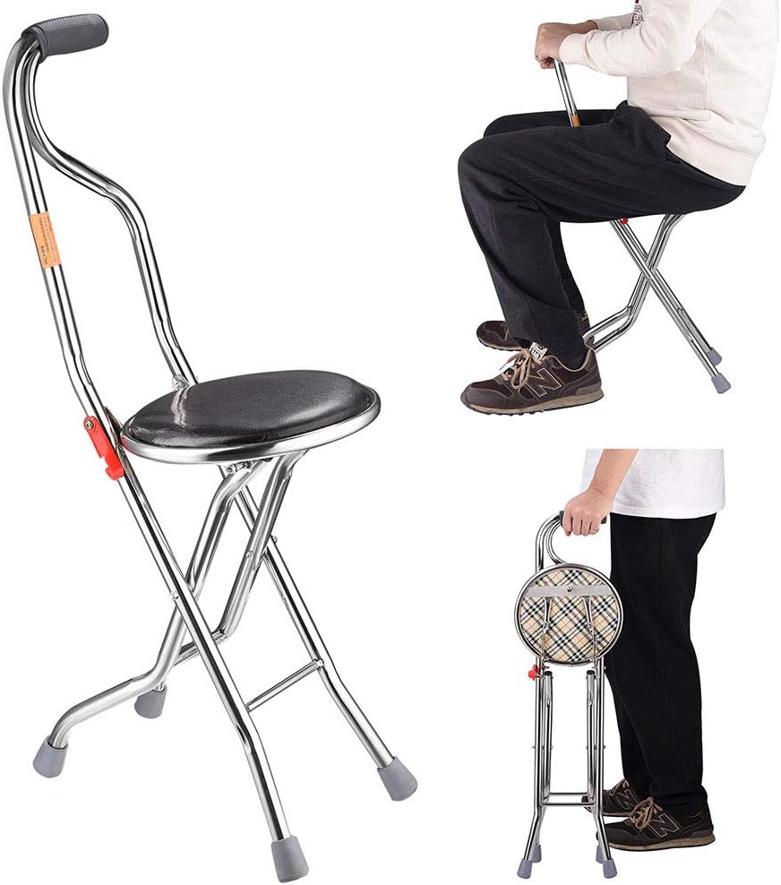 Folding Walking Stick with 9" Padded Seat Portable Stainless Steel Quadripod Support Cane Chair Stool with Anti-Slide Feet for Elderly Limited Mobility Physical Rehabilitation(Quadripod Cane Stool)