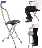 Folding Walking Stick with 9" Padded Seat Portable Stainless Steel Quadripod Support Cane Chair Stool with Anti-Slide Feet for Elderly Limited Mobility Physical Rehabilitation(Quadripod Cane Stool)
