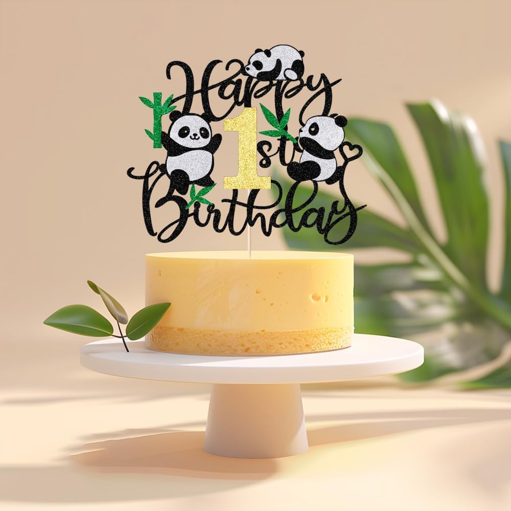 Panda Happy 1st Birthday Cake topper,Panda Cake Decorations, Jungle Animals Theme Party Supplies,Kids Children Newborn Birthday Party Decorations.