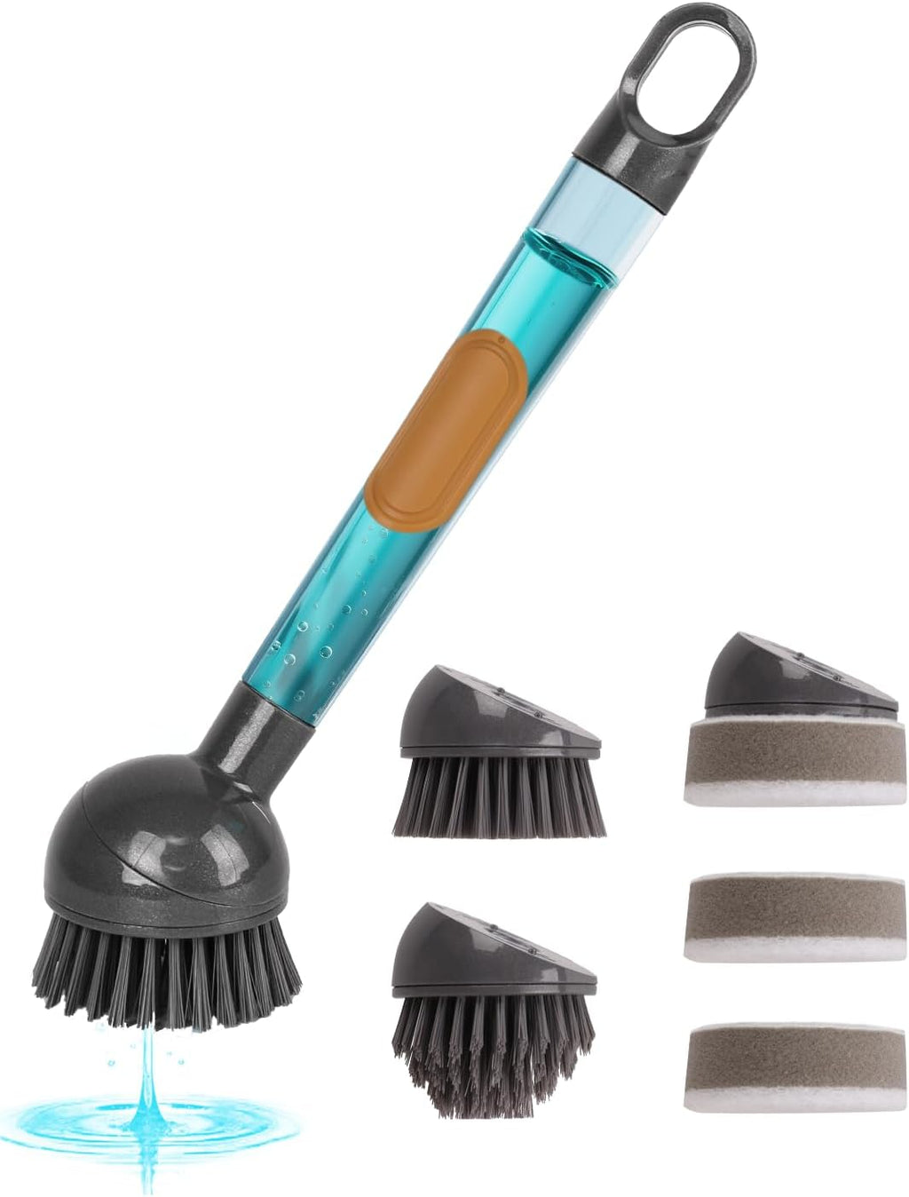 Soap Dispensing Dish Brush Storage Set with 360° Rotating Head, Kitchen Brush with 2 PCS Different Brush Heads & 3 PCS Sponges, Dish Brush Set with Handle for Dishes, Sink, Pans, Pots.