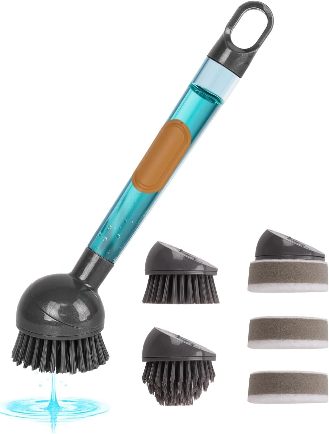 Soap Dispensing Dish Brush Storage Set with 360° Rotating Head, Kitchen Brush with 2 PCS Different Brush Heads & 3 PCS Sponges, Dish Brush Set with Handle for Dishes, Sink, Pans, Pots.