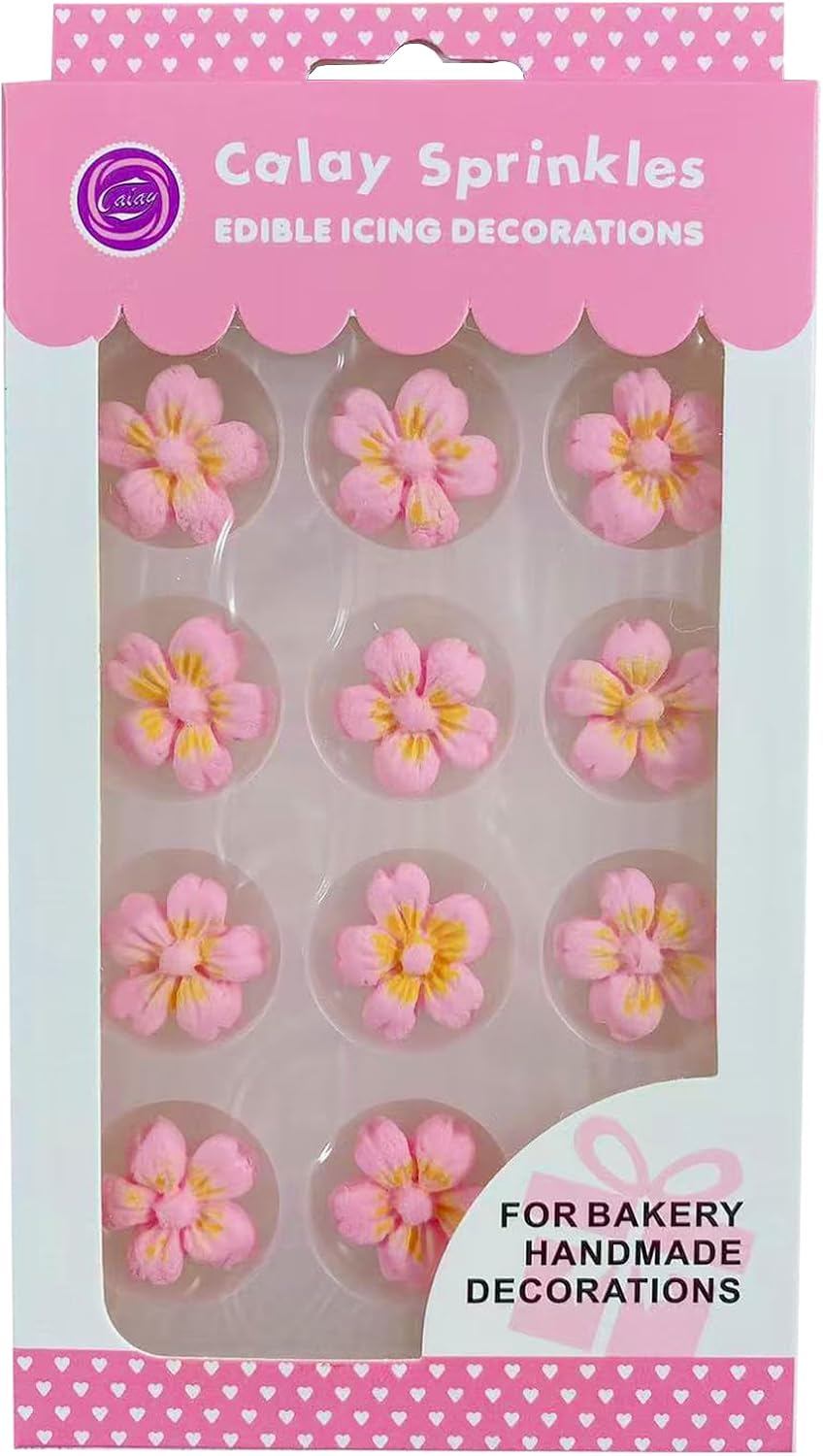 Sentovac 12 Pcs Pink Flowers Icing Decoration Edible Candy Dessert Valentine Sprinkles DIY For Cookie Cake Cupcake Topper Icing Frosting Decoration Supplies
