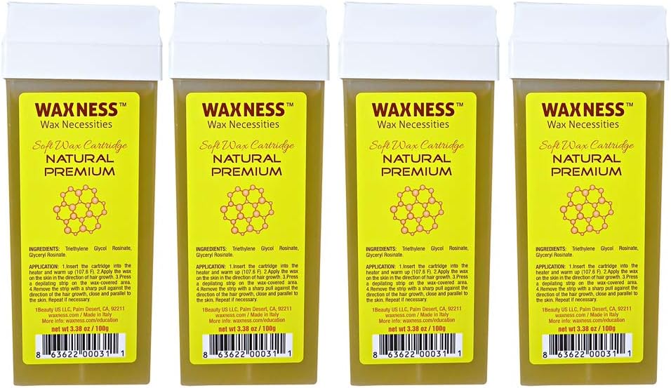 Waxness Soft Wax Cartridge Natural – Pack of 4 × 3.38 oz (96 g) – Professional Strip Wax Roll-On for Face & Body – Made in Italy