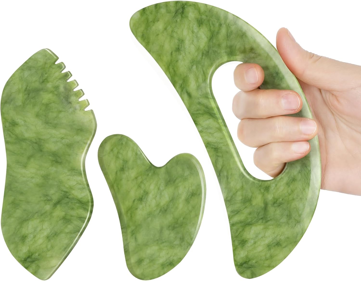 3 PCS Jade Stone Gua Sha Set Face Massager, Body Gua Sha Tool, Jade Gua Sha Facial Tools, Large Guasha Tool For Body, Face, Anti Cellulite, Lymphatic Drainage, Muscle Scraper, Valentine's Day Gifts