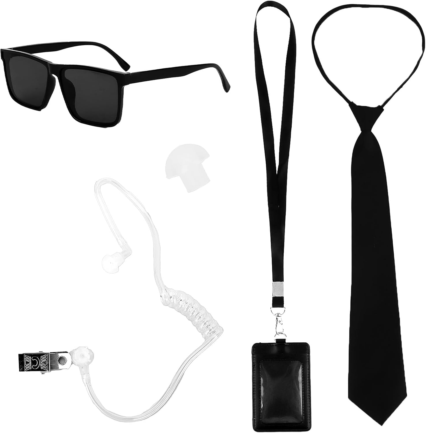 Secret Agent Costume Kit Spy Role Play Accessories Set with Sunglasses, Tie, ID Badge & Earpiece for Halloween, Themed Parties Black