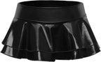 Black Latex Metallic Skirt PU Leather Skirt Short Double Layered Ruffle Pleated Mini Skater Micro Skirt for Women Party
