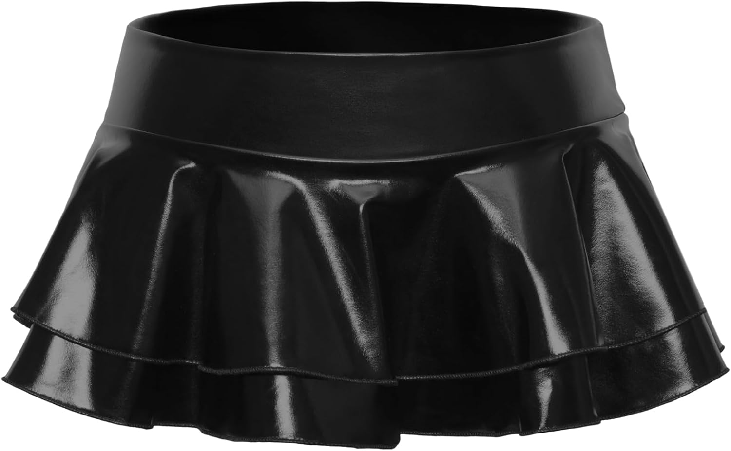 Black Latex Metallic Skirt PU Leather Skirt Short Double Layered Ruffle Pleated Mini Skater Micro Skirt for Women Party