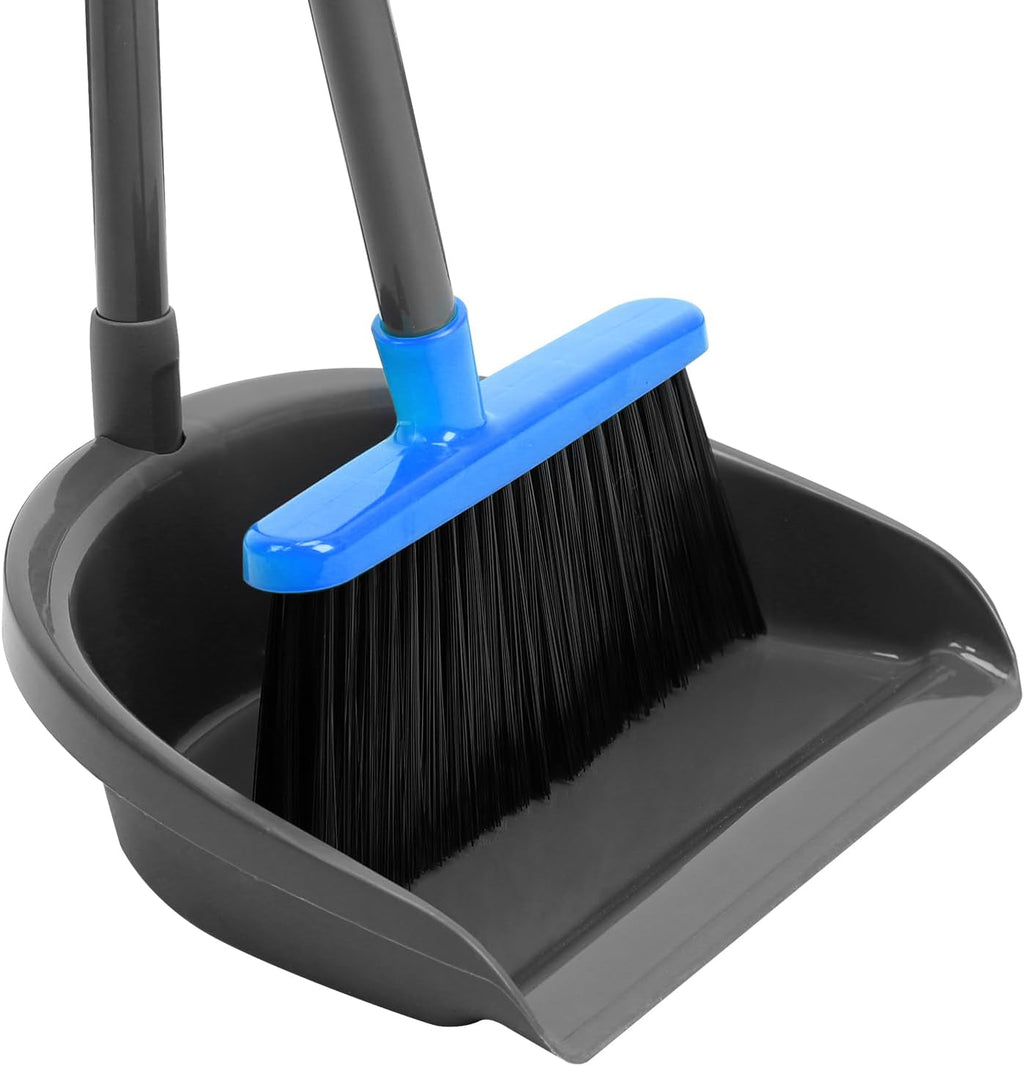 Broom and Dustpan Set ，Long Handle Broom with Upright Standing Dust pan for Indoor Outdoor Home Kitchen Office Floor Cleaning