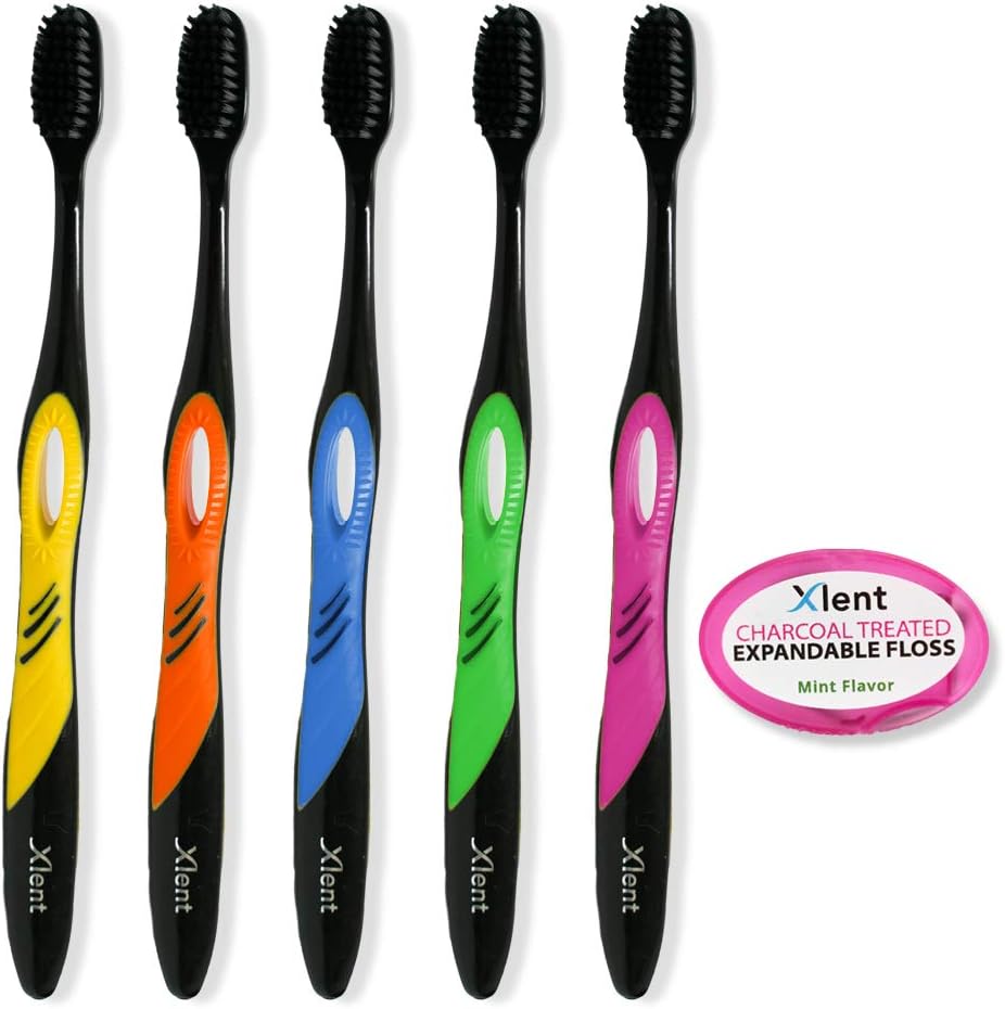 Xlent Activated Charcoal Bristle Toothbrush - Xtreme (Extreme) Soft, Ultrafine, Tapered bristles, Compact Head and Slim Design (5 Toothbrush + 1 Floss 5 m)