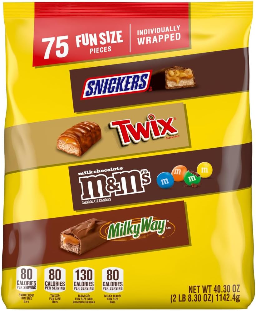 Mars Snickers, M&M'S Milk Chocolate, Milky Way & Twix Fun Size Chocolate Candy Variety Pack, 75 Ct Bulk Bag (2.73 Pounds)