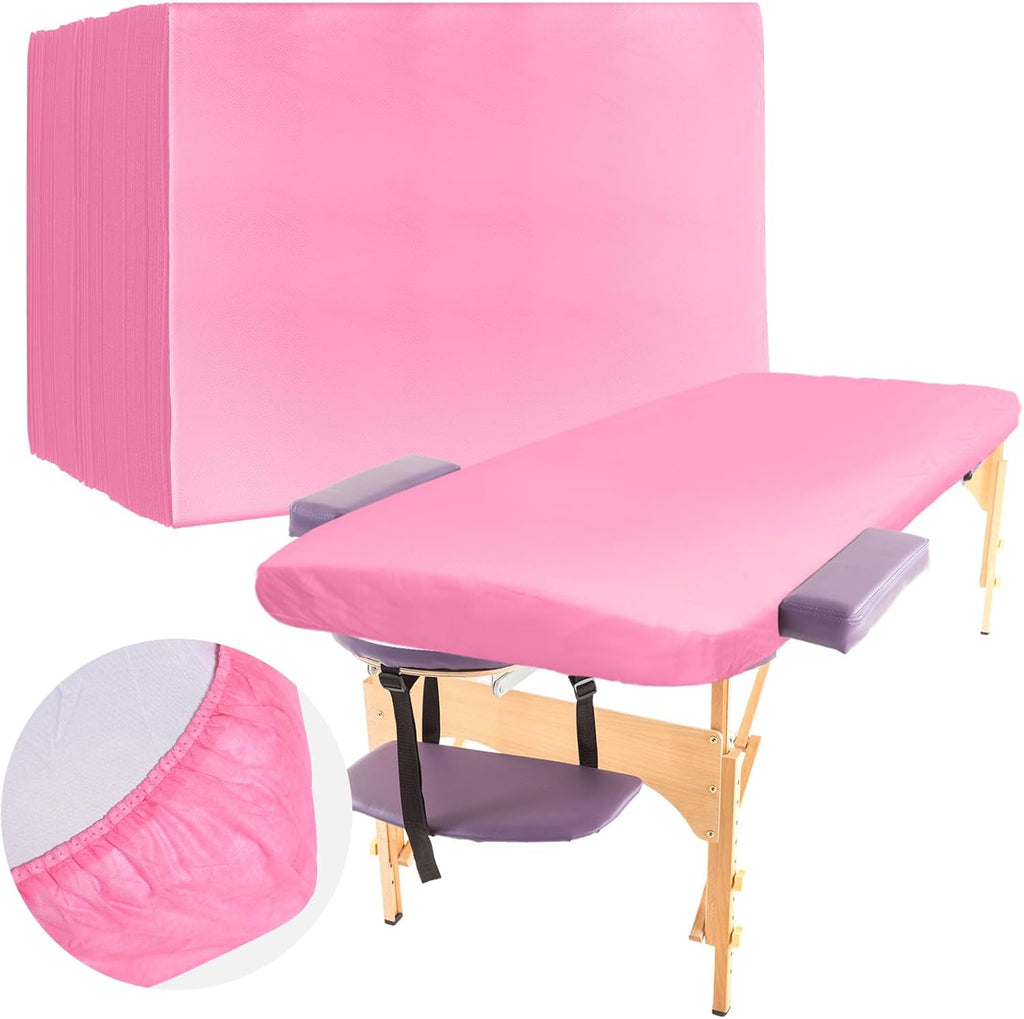 Buryeah 50 Pcs Massage Table Sheets 39 x 87 Inch Disposable Fitted Bed Sheets Thickened Spa Bed Covers Soft Non Woven Massage Table Cover for Spa Salon Body Facial Beauty(Pink)