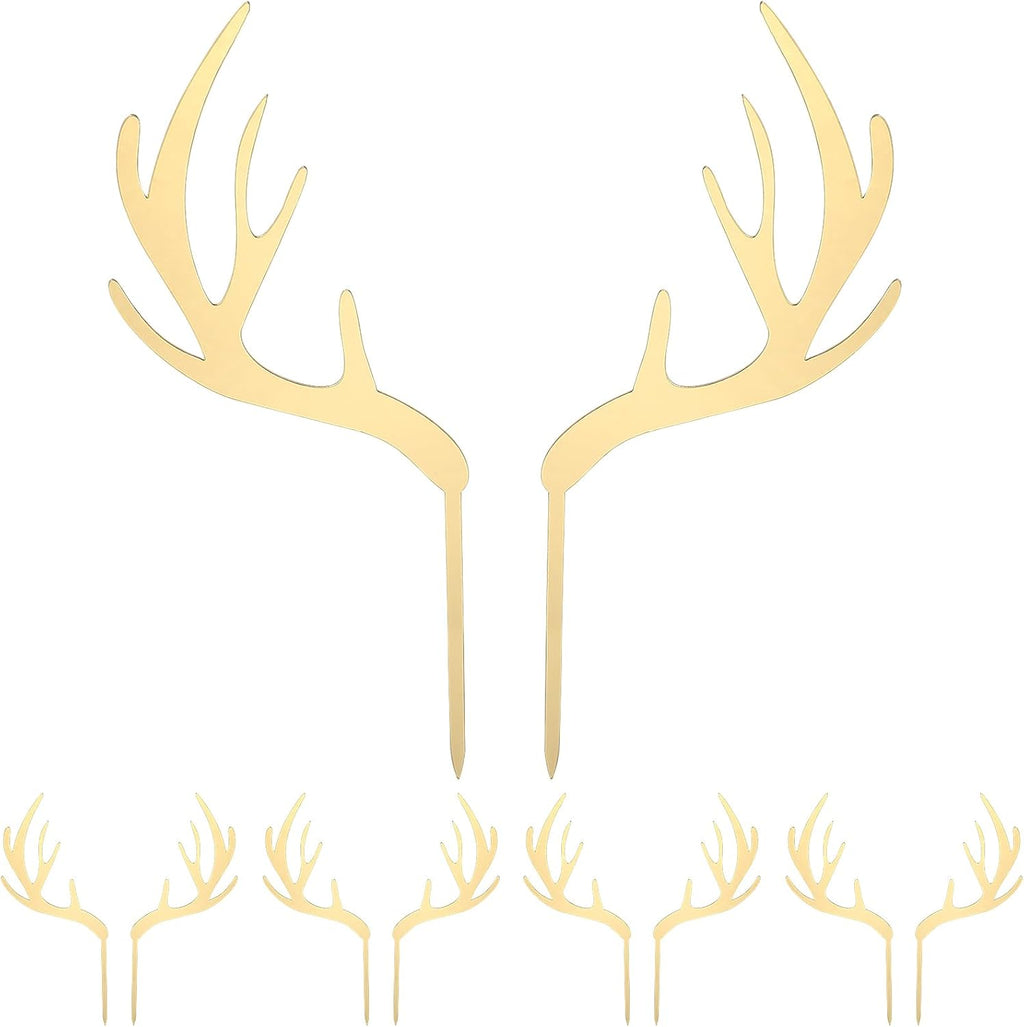 PRETYZOOM 5pcs Gold Deer Antler Cupcake Toppers Acrylic Cake Toppers Picks for Wedding Birthday Baby Shower Christmas Party Decorations Supplies