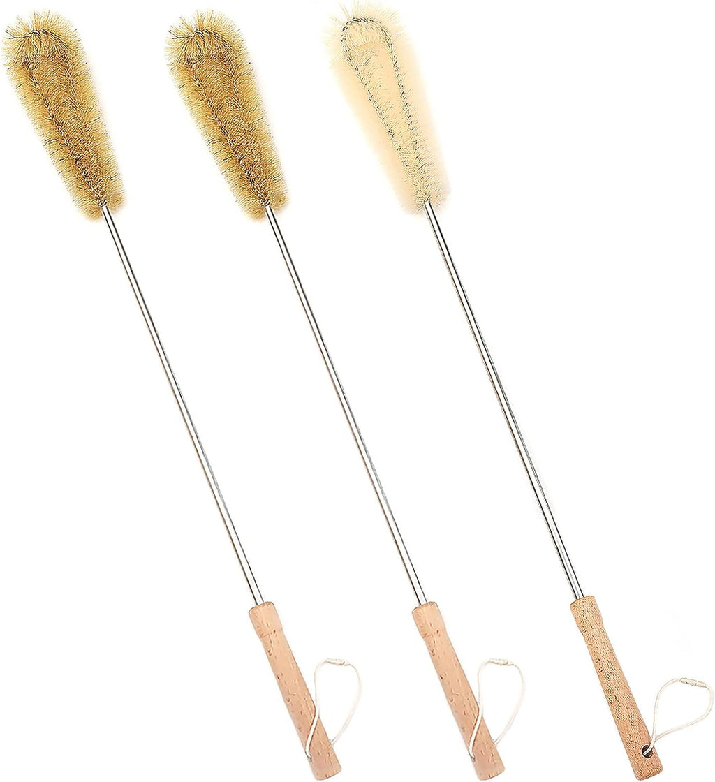 24 inch Long Handled Brush for Cleaning (1 Nylon, 2 Bristle), Beech Wood Handle, Extra Long Bottle Brush with Lengthened Stainless Steel Pole, for Tall Bottle, Gallon Water Jug, Big Vessels