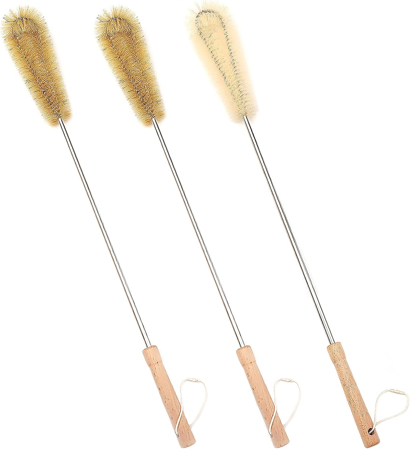 24 inch Long Handled Brush for Cleaning (1 Nylon, 2 Bristle), Beech Wood Handle, Extra Long Bottle Brush with Lengthened Stainless Steel Pole, for Tall Bottle, Gallon Water Jug, Big Vessels
