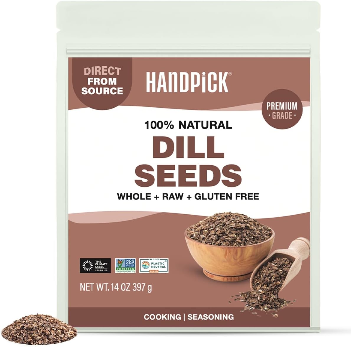HANDPICK Dill Seeds (397g/14oz) Non GMO, Gluten Free, 100% Raw, Sourced from India, For Cooking, Drinks, Packed in Resealable Ziplock Pouch | For Pickling