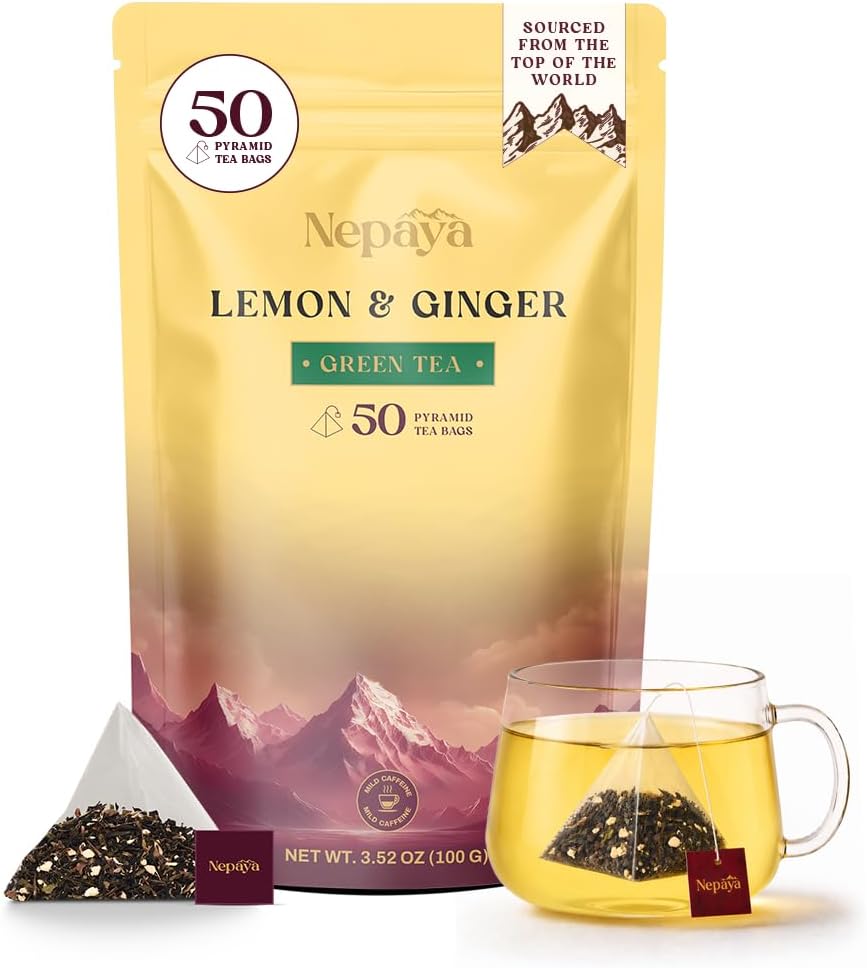 Nepaya Lemon Ginger Green Tea Bags – 50 Biodegradable Pyramid Teabags, Low Caffeine, Fruity Citrus Flavor with Zesty Lemon & Spicy Ginger, Premium High-Grown Nepal Green Tea