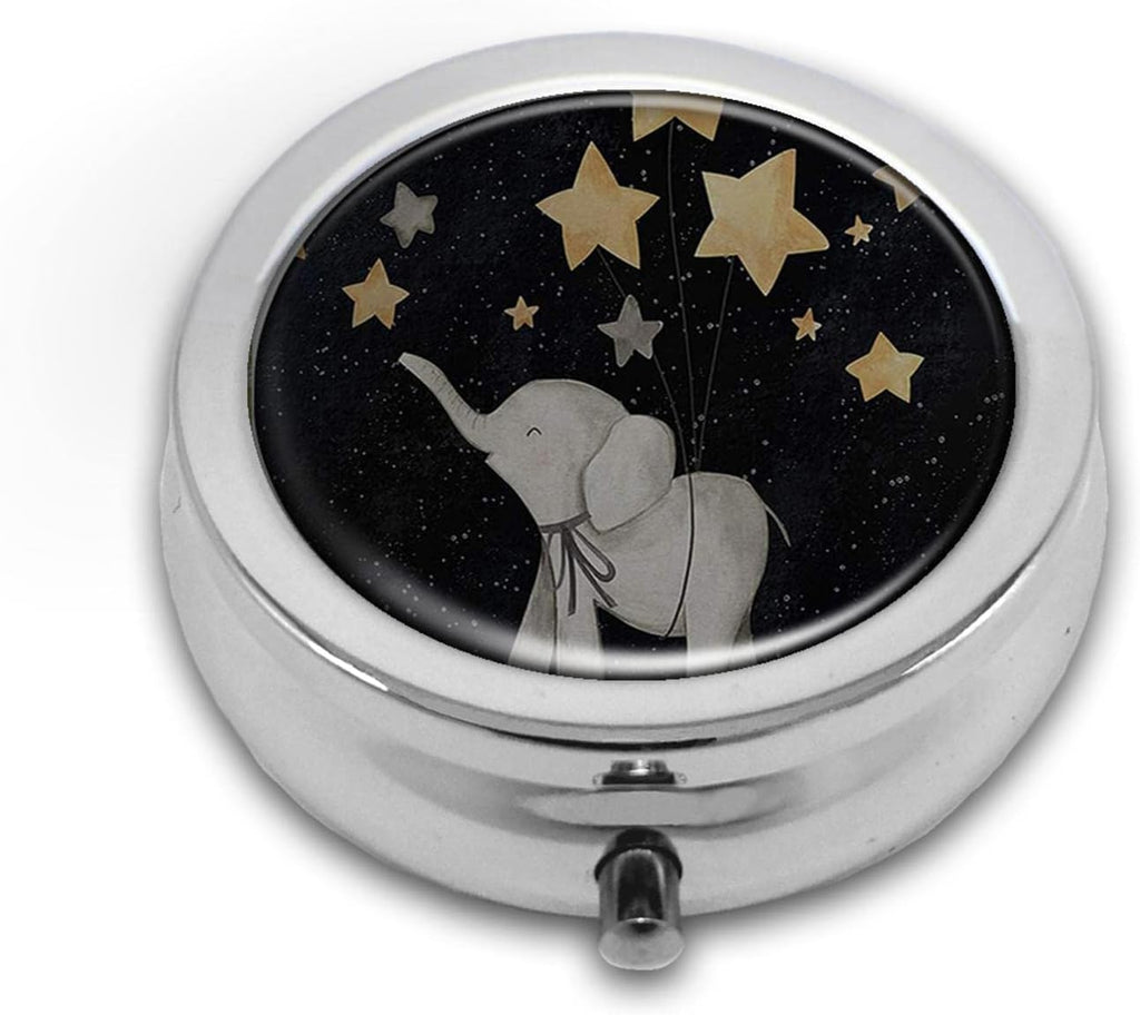 Pill Box,Cute Elephant Under The Star Round Pill Box 3 Compartment Decorative Pocket Purse Portable Mini Travel Medicine Tablet Vitamin Holder Organizer Pill Case