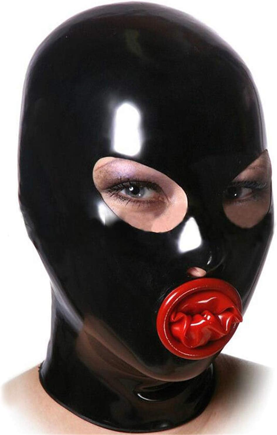 Black Latex Hood with Inner Red Mouth Condom Open Eyes Nose Back Zipper Rubber Mask Club Wear
