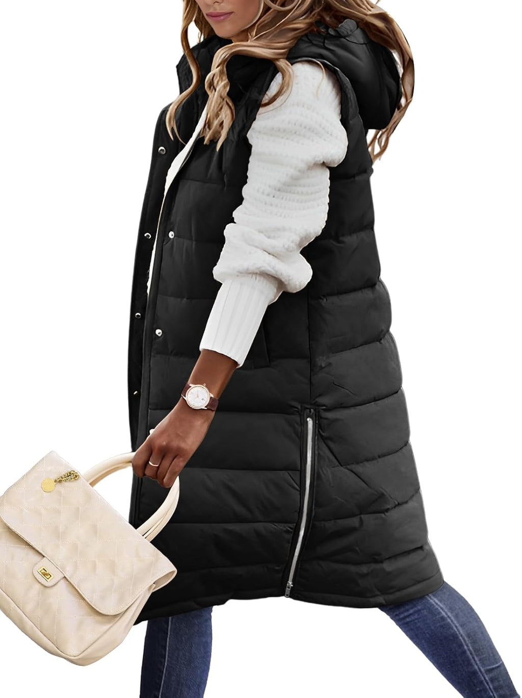 Long Puffer Vest Women Quilted Hooded Vest Zip Up Sleeveless Vests Outerwear Padded Jacket Warm Winter Coat 2026