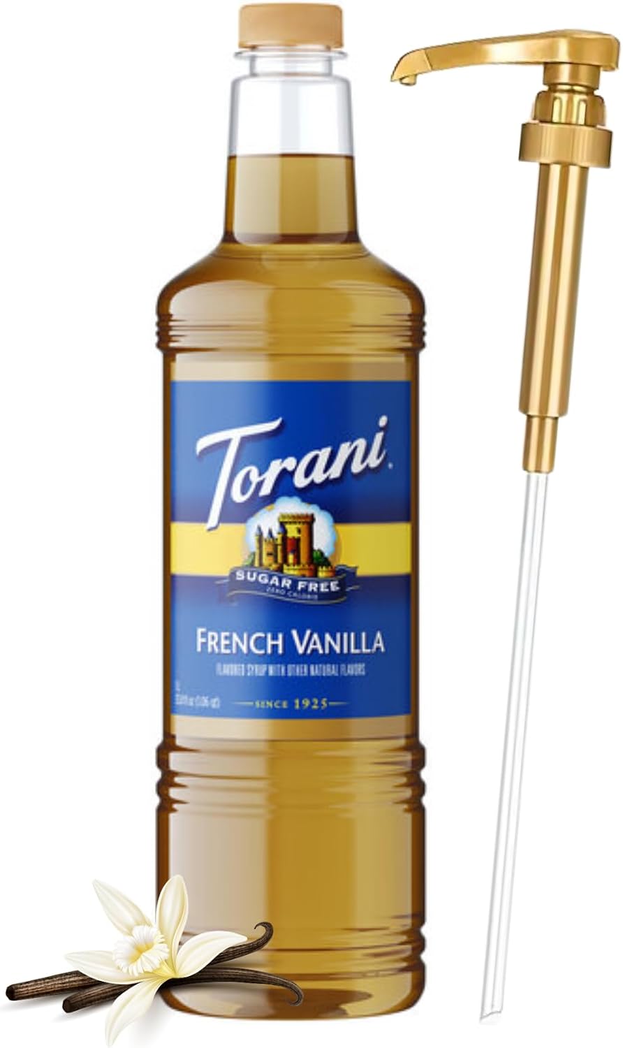 Torani Sugar Free French Vanilla Syrup 1 Liter Bottle with Pump Dispenser – Zero Calorie Flavored Coffee Syrup for Lattes, Cold Brews, Teas, Cocktails & Desserts – Keto Friendly