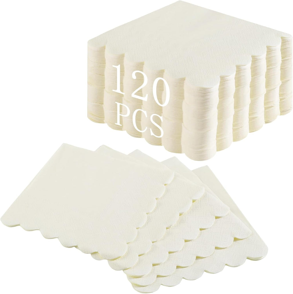 NatNarr 120 Pcs Cocktail Napkins Scalloped Ivory Paper Napkins Disposable Cream Dessert Beverage Party Napkin for Wedding, Bridal Baby Shower, Birthday