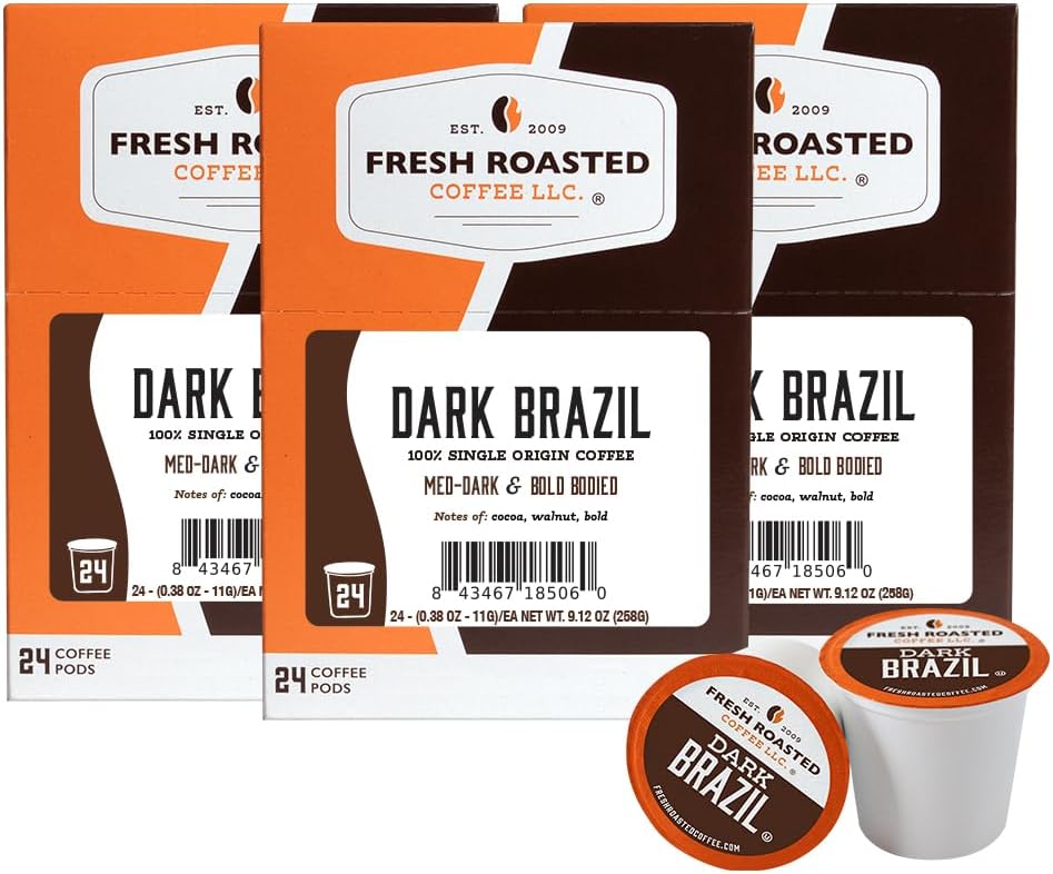 Fresh Roasted Coffee, Dark Brazil, Med-Dark Roast, 72 Pods for K Cup Brewers