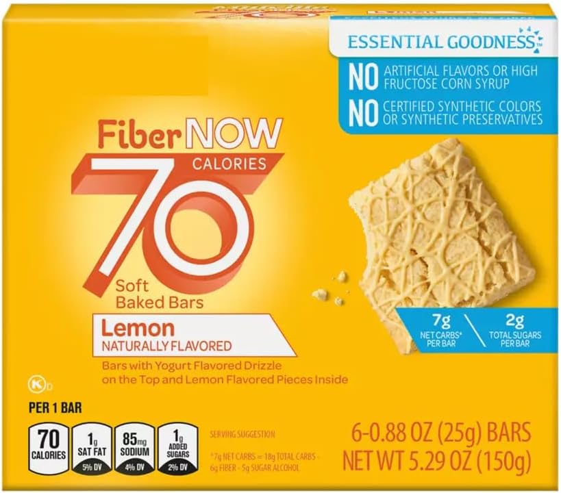 Fiber Now 70 Calorie Lemon Cake Bars, 6 ct On the Go Low Carb (7g Net) Snack Snacking Food Treat, Millville 5.29oz Box