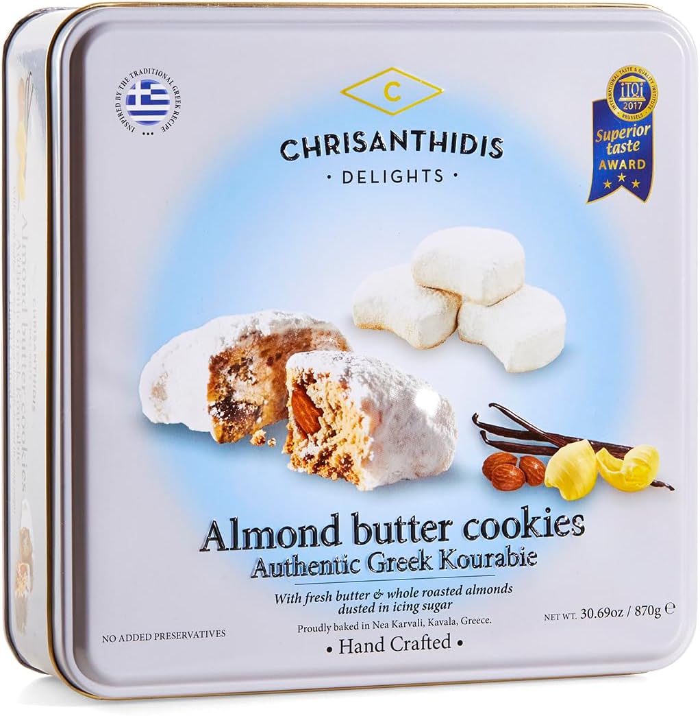 Almond Butter Cookies Authentic Greek Kourabie/With fresh butter & whole roasted almonds dusted in icing sugar/Hand Crafted/Proudly baked in Nea Karvali, Kavala Greece / 30.69 oz (870g)