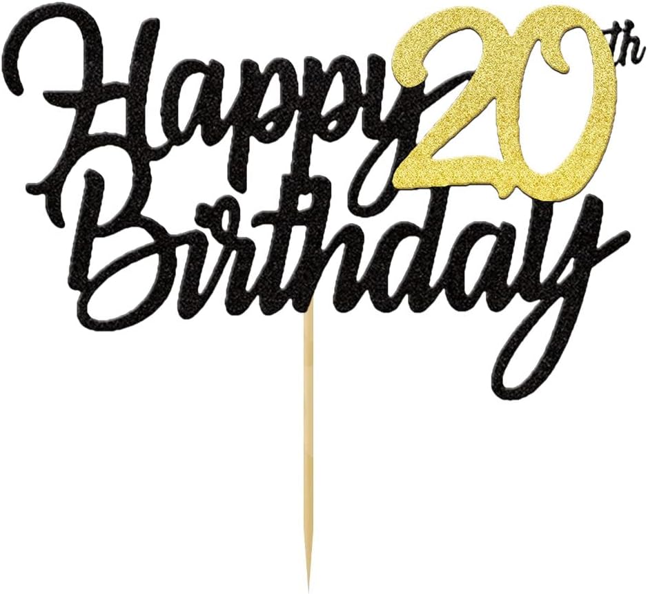 Happy 20th Birthday Cake Toppers Glitter 20th Anniversary Cake Topper 20 Years Loved Bday Decorations 20 Gold Birthday Cake Decorations Twenty Party Supplies for Women Men(Black Gold)