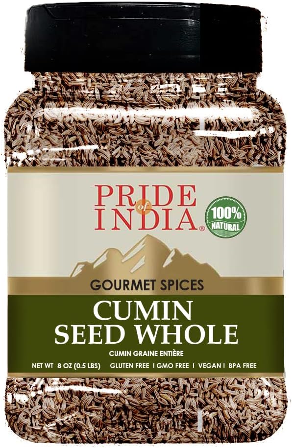 Pride of India - PACK of 6 - Cumin Seed Whole – Gourmet Indian Spice – Excellent for Culinary Uses – Fresh and Quality Seeds – Adds Flavor & Aroma - Easy to Store – 8 oz. Medium Dual Sifter Bottle