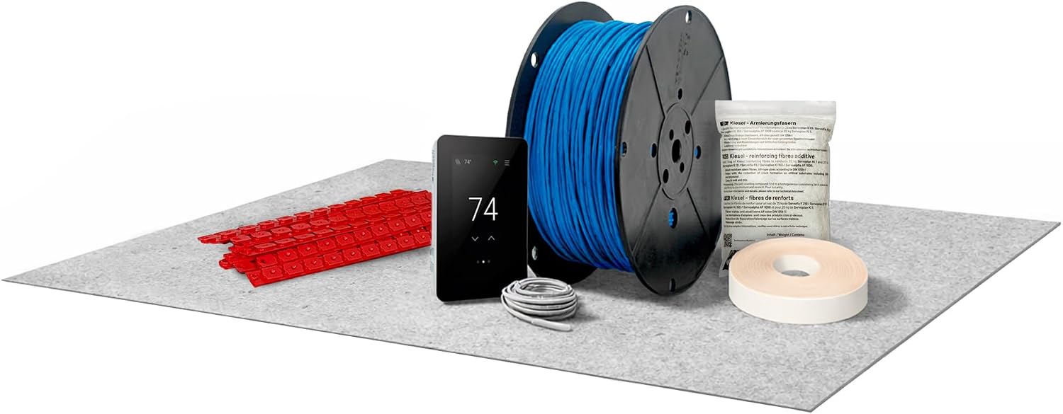 All-in-one Electric Radiant Floor Heating Kit 90 Sq Ft 120V with Connect Plus Programmable Wi-Fi Thermostat, OkaQuiet Uncoupling Board, Underfloor Heating Cable, Fiber Additive, Installation Tools