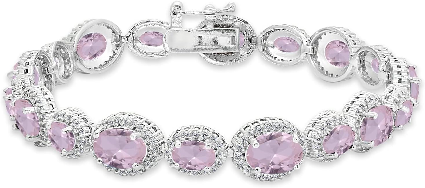 B. BRILLIANT Sterling Silver Genuine, Created or Simulated Gemstone Oval Halo Statement Bracelet for Women