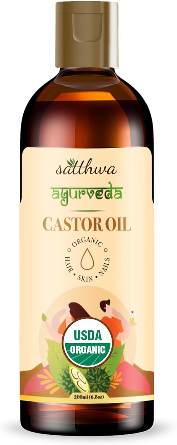 Satthwa USDA Organic Cold-Pressed Castor Oil (200ml - 6.8oz) – Hexane Free, Pure Virgin – Nutrient-Rich Oil for Hair Growth, Eyelash, Nail Care, Skin Moisturizer