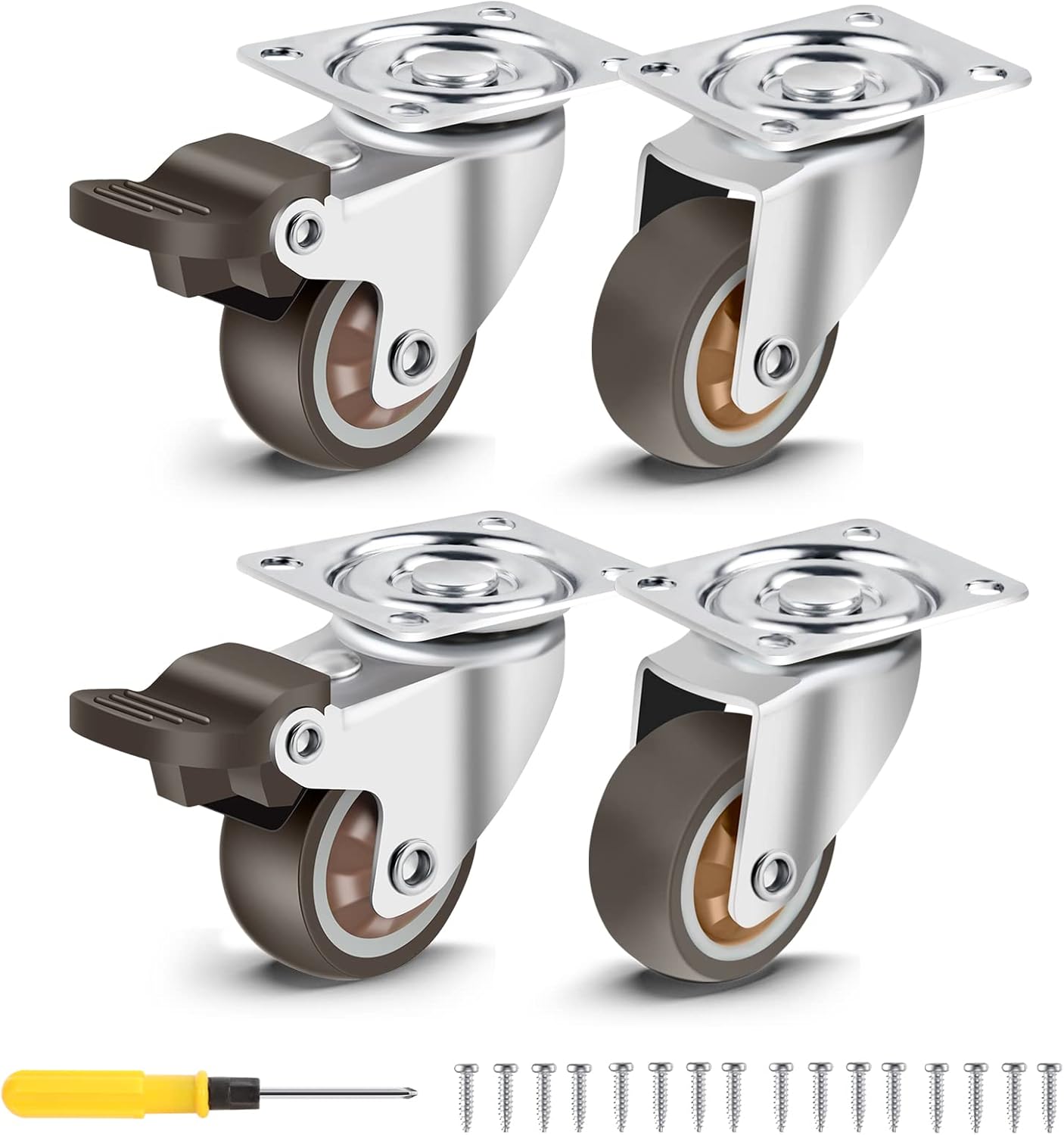 Nefish 1.5 Inch Caster Wheels Rubber Castor with Brake 360 Degree Rotation Top Plate Swivel Casters for Furniture, Table and Toolbox, 300 Pounds Capacity for Set of 4 (Free Screws and Screwdriver)