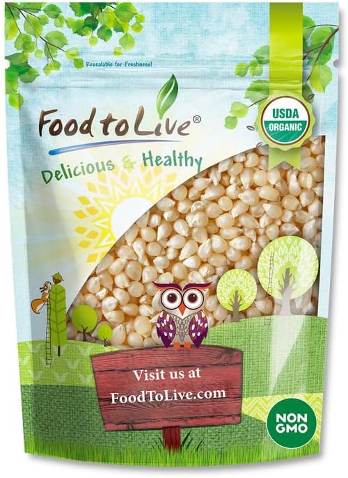 Food to Live Organic White Popcorn Kernels, 3 Pounds – Hulless Uncooked Whole Corn Ideal for Popping. USA Grown, USDA Certified. Non-GMO, Vegan, Kosher, Bul