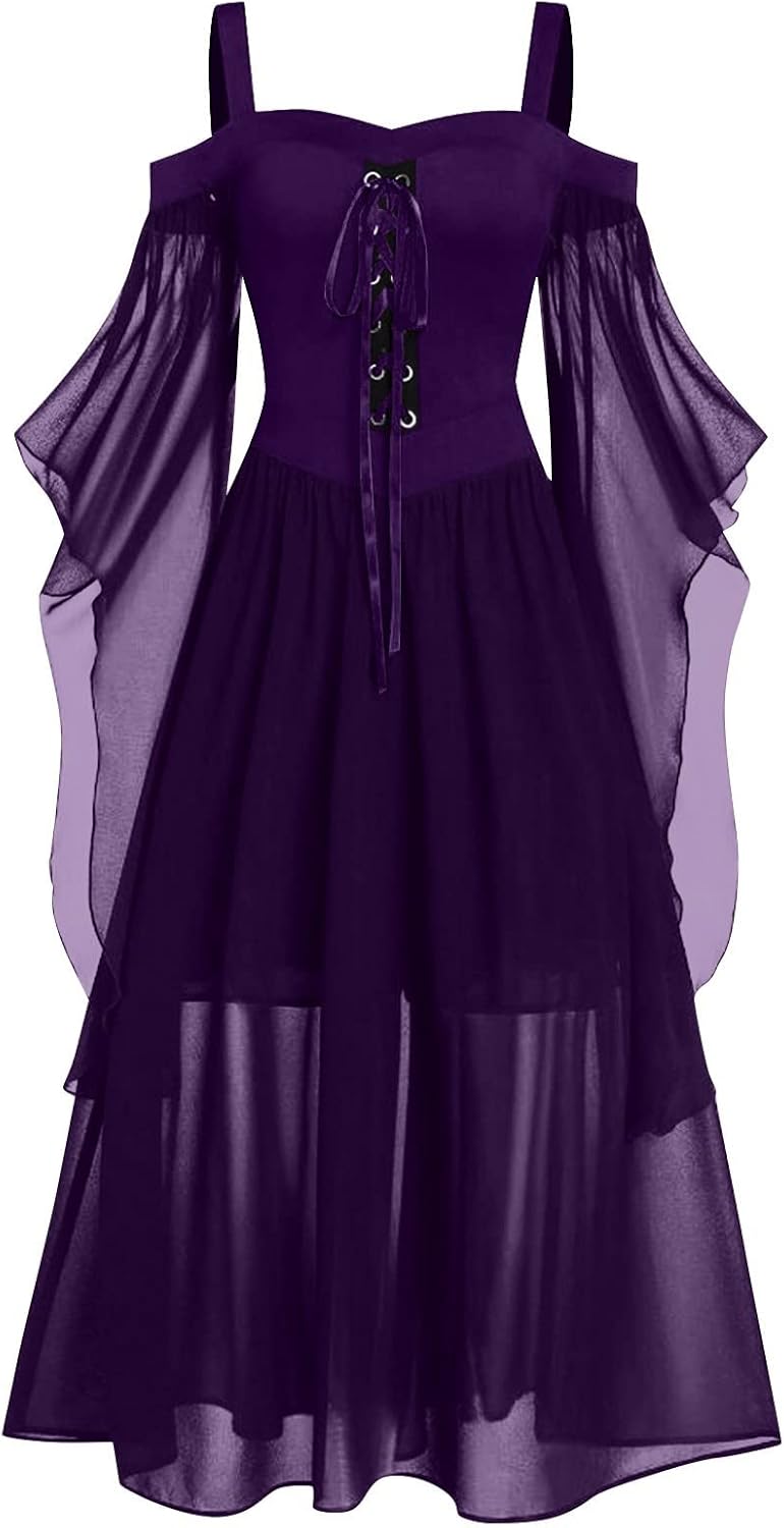 Halloween Dress for Women Renaissance Medieval Costume Sexy Lace Up Cold Shoulder Gothic Dress